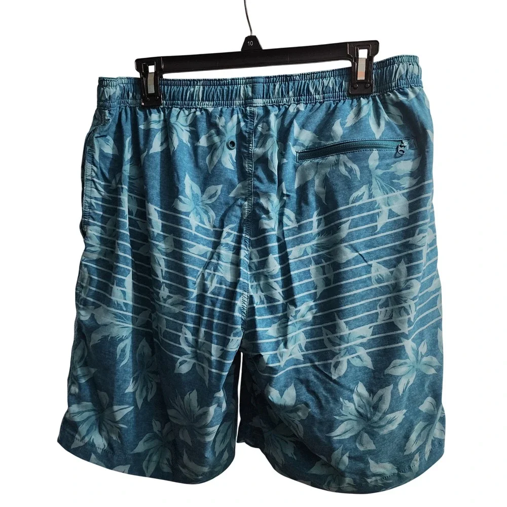 Kirkland Signature Mens‎ Large Swim Trunks Blue Floral Stripe Drawstring Shorts